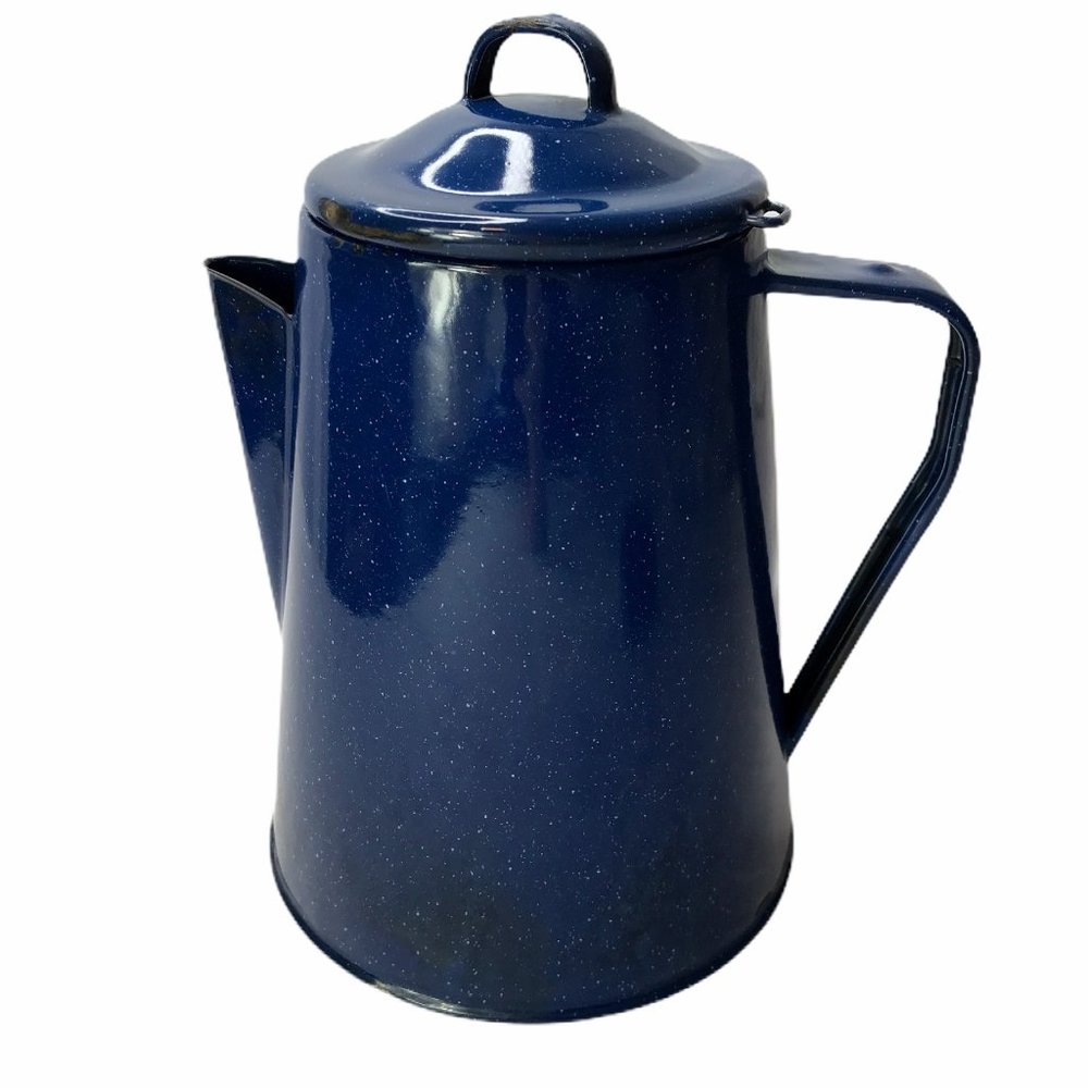 Vintage Blue Enamelware Metal Coffee Pot Kettle